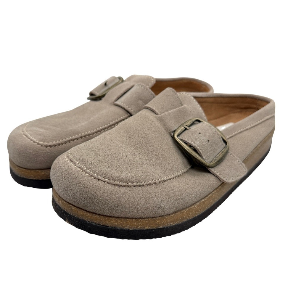 Stone Mountain Sole Buono Clogs Mules Womens Size 10 Taupe Suede Buckle